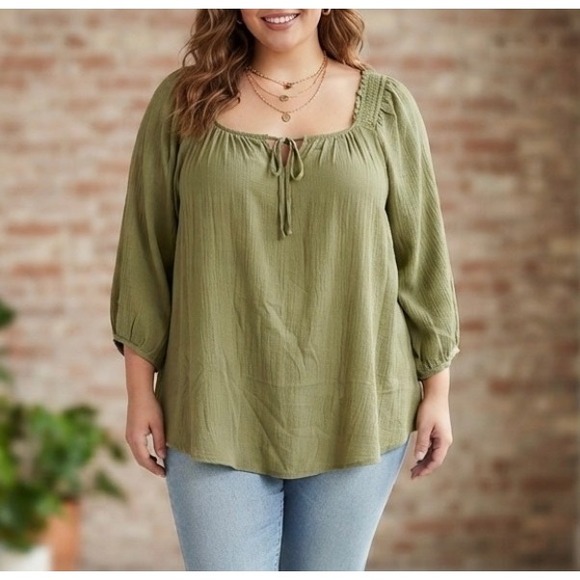 torrid Tops - Torrid Olive Green Crinkle Gauze Peasant Puff Sleeve Smocked Fairygoth Top 3X